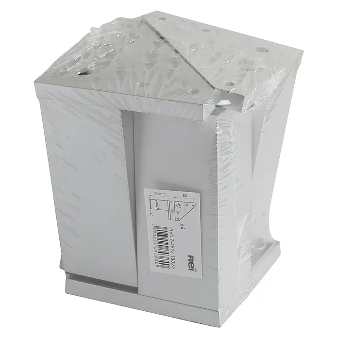 Rei Möbelfuß-Set - L x B x H: 4 x 4 x 10 cm, Aluminium, 4 Stk. - Das Bild zeigt eine weiße Eckhalterung, wahrscheinlich aus Metall, noch in Plastik verpackt. Ideal für die Montage von Möbeln oder Regalen.