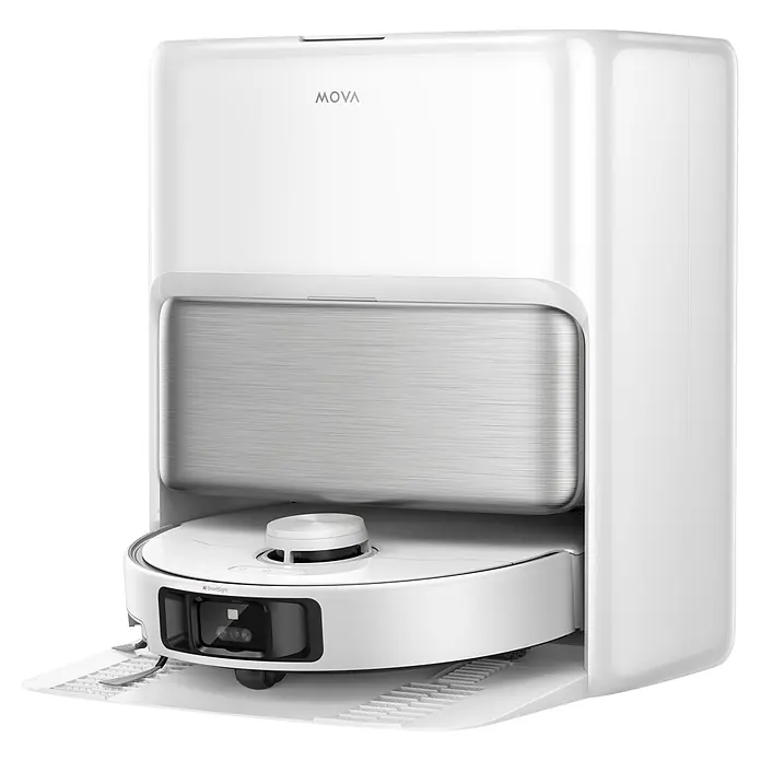 Mova Saugwischroboter P70 Pro Ultra - Saugkraft: 30.000 Pa, Akkulaufzeit: 130 min - 250 min - Weißer MOVA Saugroboter in passender weißer Ladestation mit gebürsteter Metallfrontplatte.