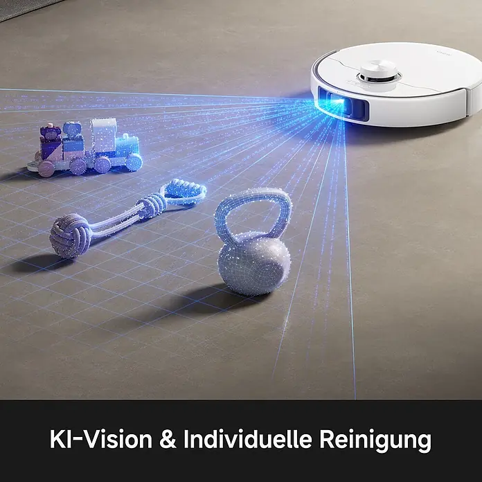 Mova Saugwischroboter P70 Pro Ultra - Saugkraft: 30.000 Pa, Akkulaufzeit: 130 min - 250 min - Weißer Saugroboter erkennt mit blauen KI-Vision-Strahlen Spielzeug (Zug, Seil, Kettlebell) auf dem Boden.