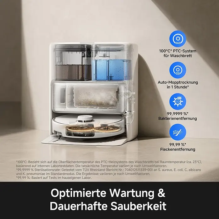 Mova Saugwischroboter P70 Pro Ultra - Saugkraft: 30.000 Pa, Akkulaufzeit: 130 min - 250 min - Weiße Reinigungsstation für Saugroboter mit transparenten Wassertanks und dem angedockten Roboter.