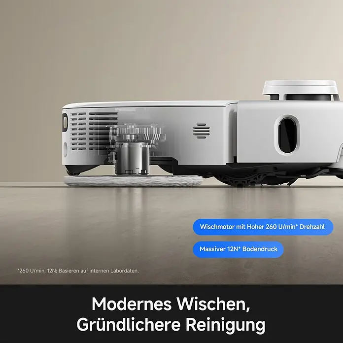 Mova Saugwischroboter P70 Pro Ultra - Saugkraft: 30.000 Pa, Akkulaufzeit: 130 min - 250 min - Weißer Saugroboter mit sichtbarem Wischmotor, Pad und Rad für gründliche Bodenreinigung.