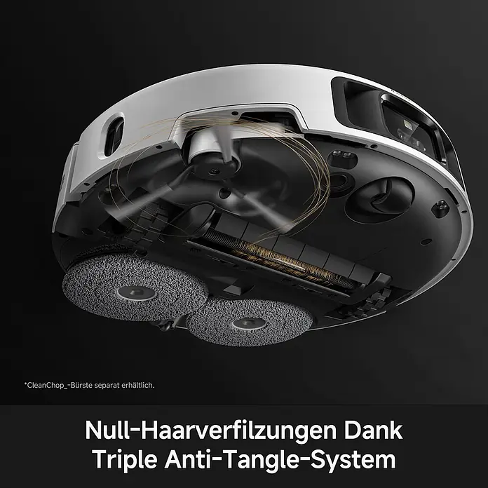 Mova Saugwischroboter P70 Pro Ultra - Saugkraft: 30.000 Pa, Akkulaufzeit: 130 min - 250 min - Unterseite eines weißen Saugroboters mit Hauptbürste, Wischpads und sichtbarem Anti-Tangle-System für Haare.