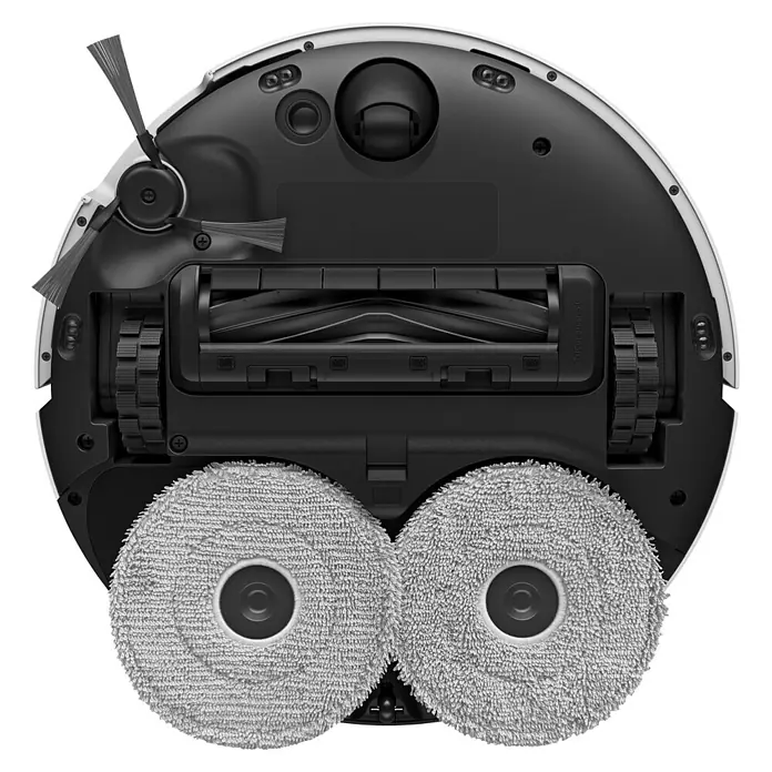 Mova Saugwischroboter P70 Pro Ultra - Saugkraft: 30.000 Pa, Akkulaufzeit: 130 min - 250 min - Unterseite eines schwarzen Saugroboters mit Wischpads, Hauptbürste, Seitenbürste und Antriebsrädern.