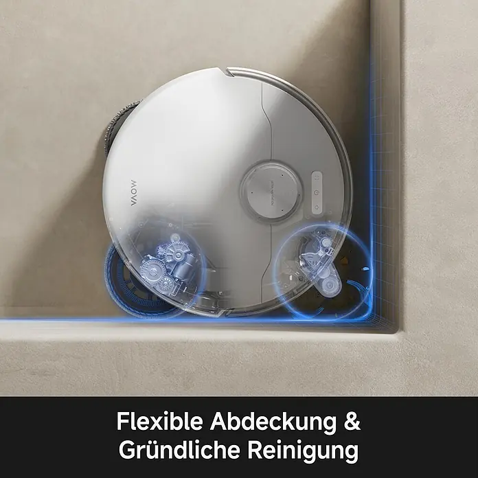 Mova Saugwischroboter P70 Pro Ultra - Saugkraft: 30.000 Pa, Akkulaufzeit: 130 min - 250 min - Weißer Saugroboter mit transparenten Overlays, die interne Zahnräder zeigen, demonstriert flexible Kantenreinigung in einer Ecke.