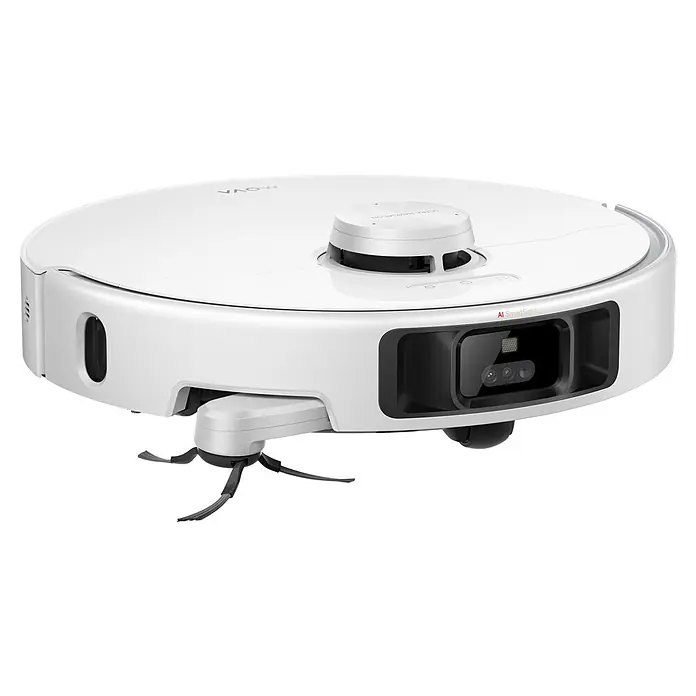 Mova Saugwischroboter P70 Pro Ultra - Saugkraft: 30.000 Pa, Akkulaufzeit: 130 min - 250 min - Weißer Roboterstaubsauger mit Navigationssensor oben, AI-Kamera vorne und Seitenbürste.