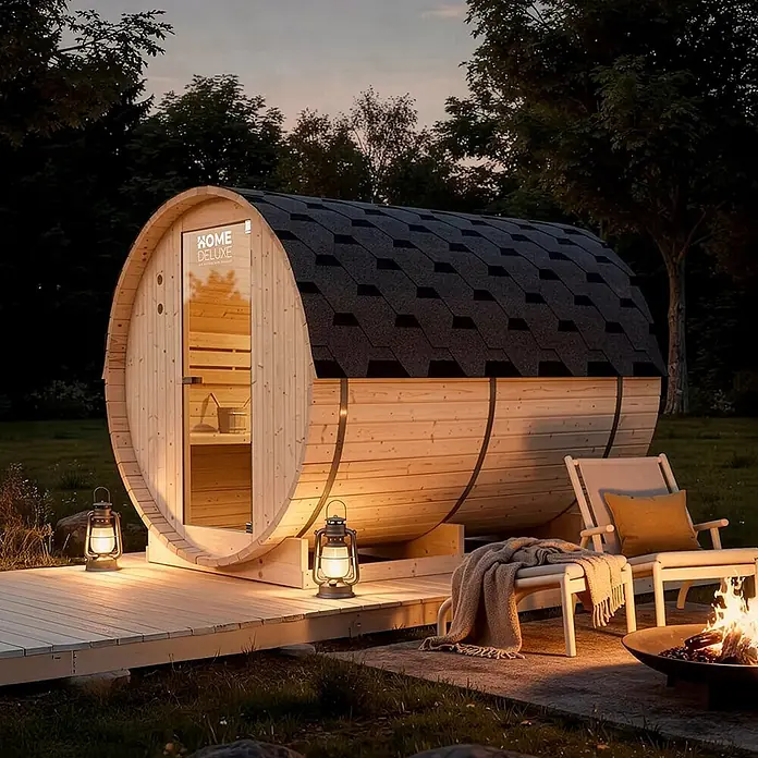 Home Deluxe Fasssauna LAHTI XL - Elektroofen, Holz, L x B x H: 220 x 189 x 191,5 cm - Fasssauna aus Naturholz mit dunklem Dach auf einer Außenterrasse bei Dämmerung, umgeben von Laternen und Liegestühlen an einer Feuerstelle.