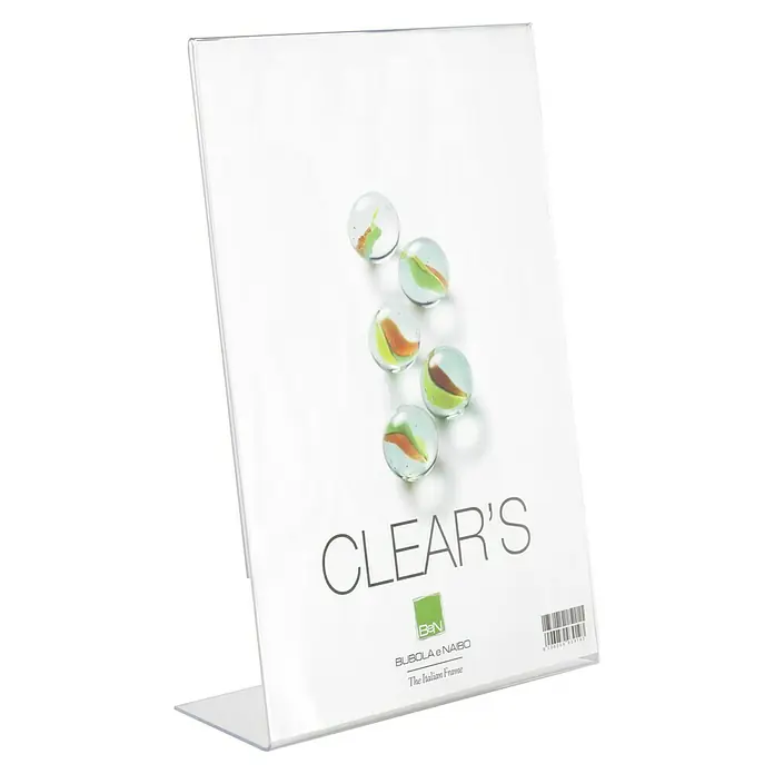 Kunststoffrahmen Clears - Bildformat: 13 x 18 cm, Hochformat, Farblos - Klarer Acryl-Tischaufsteller für Fotos oder Werbung, ideal für den Einzelhandel oder Ausstellungen, mit dekorativem Design und Barcode.