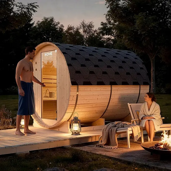 Home Deluxe Fasssauna LAHTI XL - Elektroofen, Holz, L x B x H: 220 x 189 x 191,5 cm - Hölzerne Fasssauna mit dunklem Schindeldach, draußen in der Abenddämmerung, umgeben von entspannenden Personen.