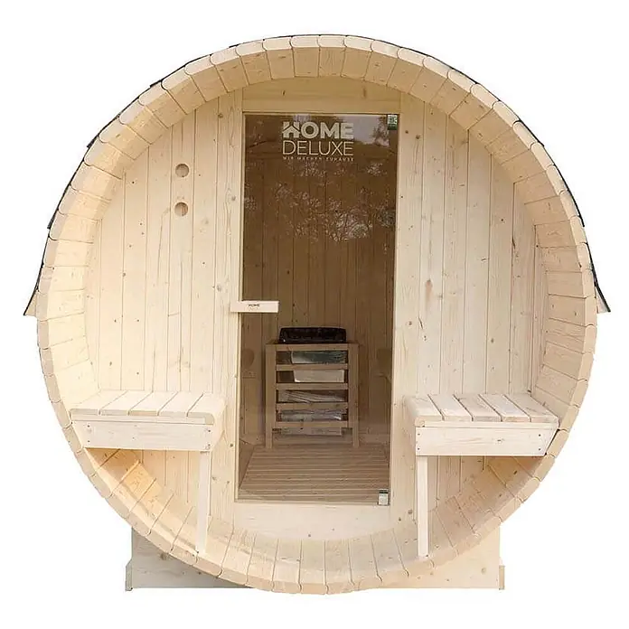 Home Deluxe Fasssauna LAHTI DELUXE L - Elektroofen, Holz - Fasssauna aus Naturholz mit Glastür, Innenofen und Außenbänken.
