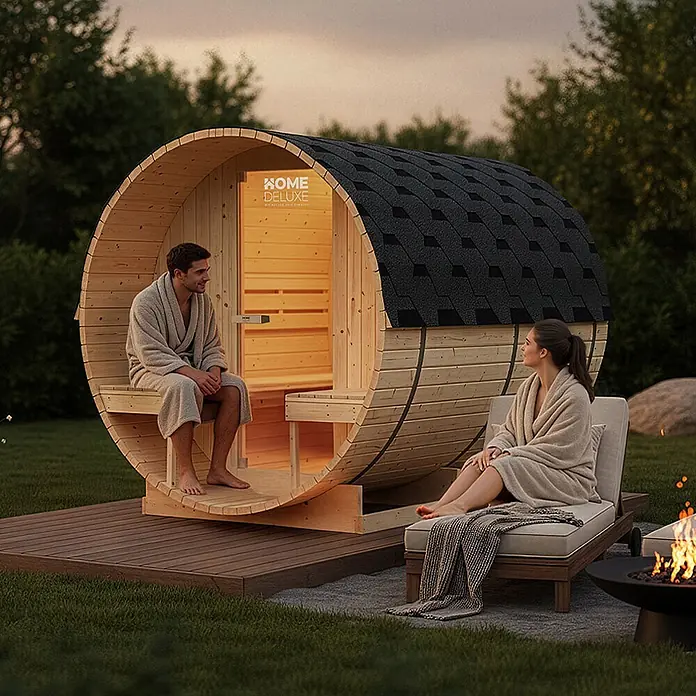 Home Deluxe Fasssauna LAHTI DELUXE L - Elektroofen, Holz - Hölzerne Fasssauna mit dunklem Schindeldach, ein Mann drinnen und eine Frau entspannt daneben in Bademänteln.