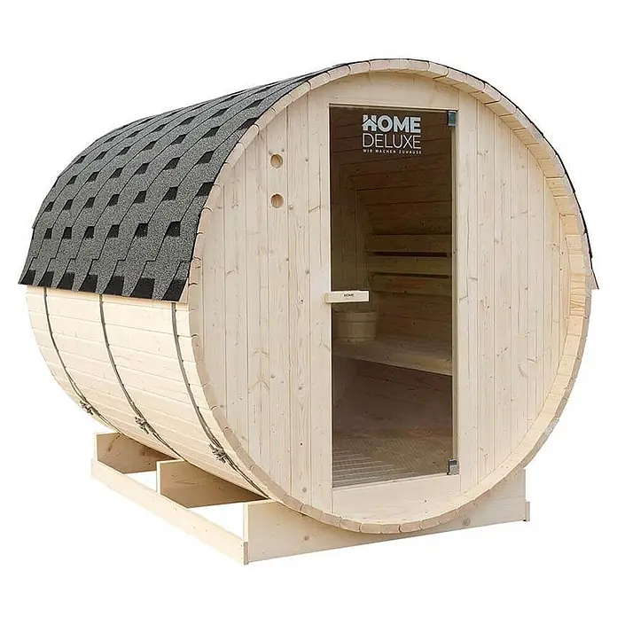 Home Deluxe Fasssauna LAHTI XL - Elektroofen, Holz, L x B x H: 220 x 189 x 191,5 cm - Fasssauna aus hellem Holz mit dunklem Schindeldach, Glastür und Innenbänken, auf Holzbasis.