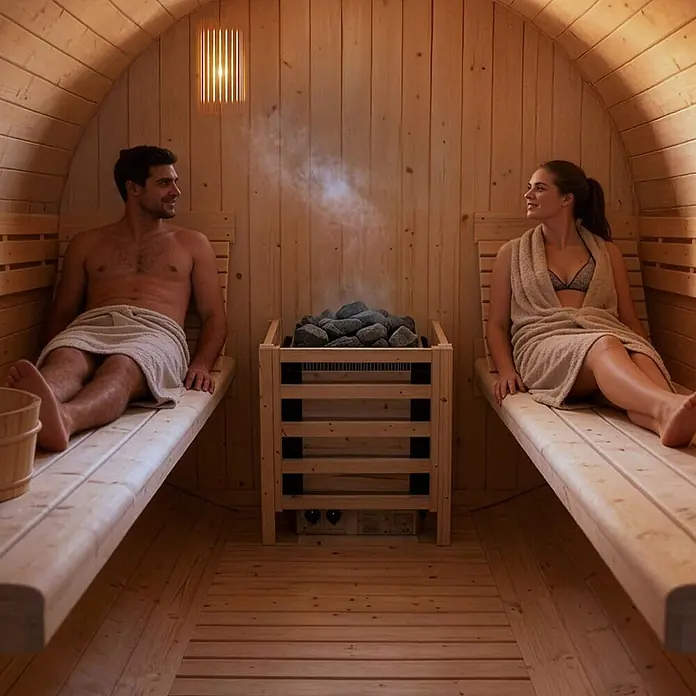 Home Deluxe Fasssauna LAHTI DELUXE L - Elektroofen, Holz - Zwei Personen entspannen in einer hölzernen Fasssauna mit Heißsteinofen.