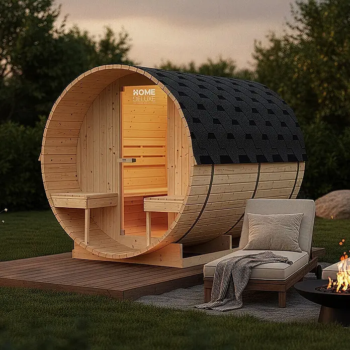 Home Deluxe Fasssauna LAHTI DELUXE L - Elektroofen, Holz - Outdoor-Fasssauna aus Holz mit schwarzem Schindeldach auf einer Terrasse mit Liegestuhl, bereit zur Entspannung.