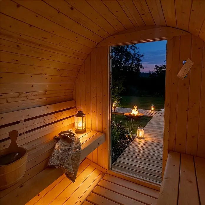 Home Deluxe Fasssauna LAHTI XL - Elektroofen, Holz, L x B x H: 220 x 189 x 191,5 cm - Gemütliches helles Holzfasssauna-Interieur mit Bänken, Laternen und Eimer, mit Blick auf Garten und Feuerstelle in der Dämmerung.
