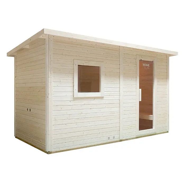 Home Deluxe Fasssauna TALO XL - Elektroofen, Holz - Helle hölzerne Außensaunakabine mit Fenster und Glastür.