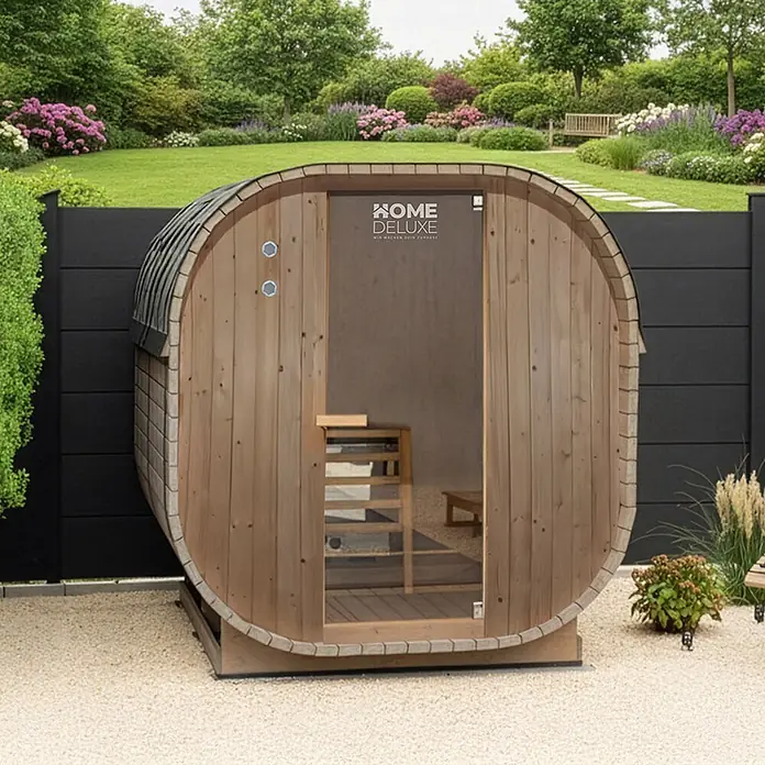 Home Deluxe Fasssauna CUBE XL - Elektroofen, Holz - Horizontale Holzfasssauna mit Glastür.