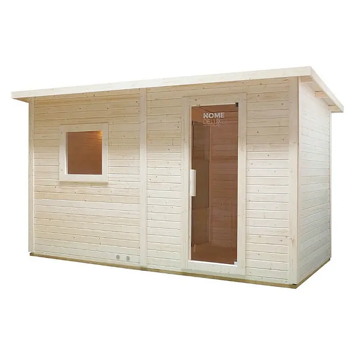 Home Deluxe Fasssauna TALO XL - Elektroofen, Holz - Rechteckige helle Holz-Gartensauna mit Flachdach, Fenster und Glastür.