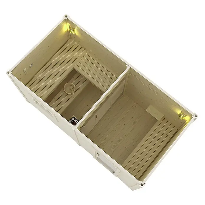 Home Deluxe Fasssauna TALO XL - Elektroofen, Holz - Zweiräumige helle Holzsaunakabine mit integrierten Bänken, Ofen, Eimer und warmer Innenbeleuchtung.