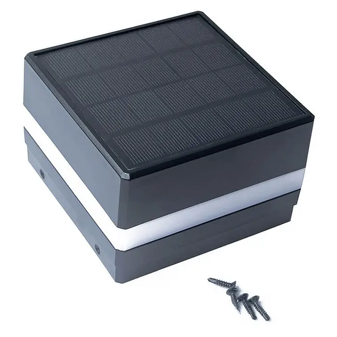 Home Deluxe Sichtschutzelement CALLUX COVER Menge: 3 - Kunststoff, Schwarz - Schwarze quadratische Solar-LED-Leuchte mit weißem Leuchtband, dazu drei schwarze Schrauben.