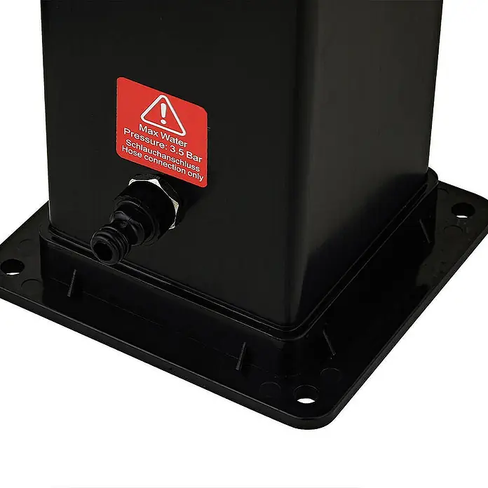 Home Deluxe Solardusche OLYMP - Kunststoff, Schwarz Matt, 40 l - Schwarzes Kunststoff-Wasserpumpengehäuse mit Schlauchanschluss und Warnhinweis für max. 3,5 bar Druck.