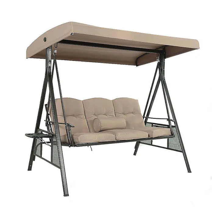 Home Deluxe Garten-Schaukelstuhl Hollywoodschaukel DESCANSO - Beige, B x T x H: 115 x 198 x 195 cm - Dreisitzer-Hollywoodschaukel mit schwarzem Metallrahmen, beigen Polstern und passendem Sonnendach.