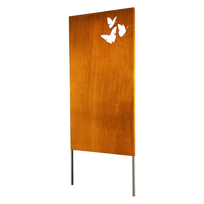 Home Deluxe Sichtschutzelement BUTTERFLY - Stahl, Orange - Sichtschutz aus Cortenstahl mit Schmetterlingsausschnitten, gestützt von zwei Metallpfosten.