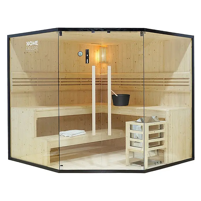 Home Deluxe Elementsauna SHADOW BIG XL - Elektroofen, Steuerung Ofen: Integriert, L x B x H: 200 x 200 x 190 cm - Moderne Ecksauna mit hellem Holzinterieur, Glaswänden und schwarzem Rahmen, ausgestattet mit Bänken, Ofen und Bedienfeld.