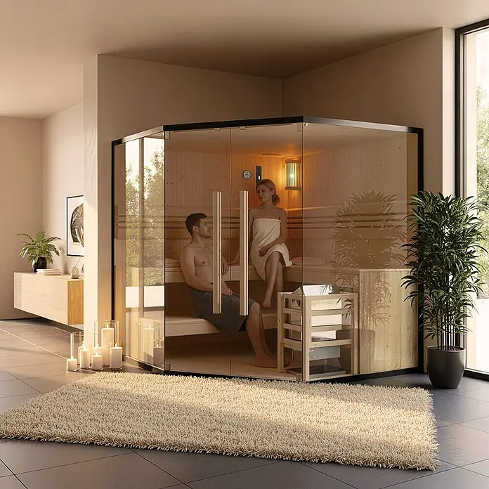 Home Deluxe Elementsauna SHADOW BIG XL - Elektroofen, Steuerung Ofen: Integriert, L x B x H: 200 x 200 x 190 cm - Moderne Ecksauna aus Glas und Holz mit zwei Personen. Helle Holzinneneinrichtung, umgeben von Glasscheiben.