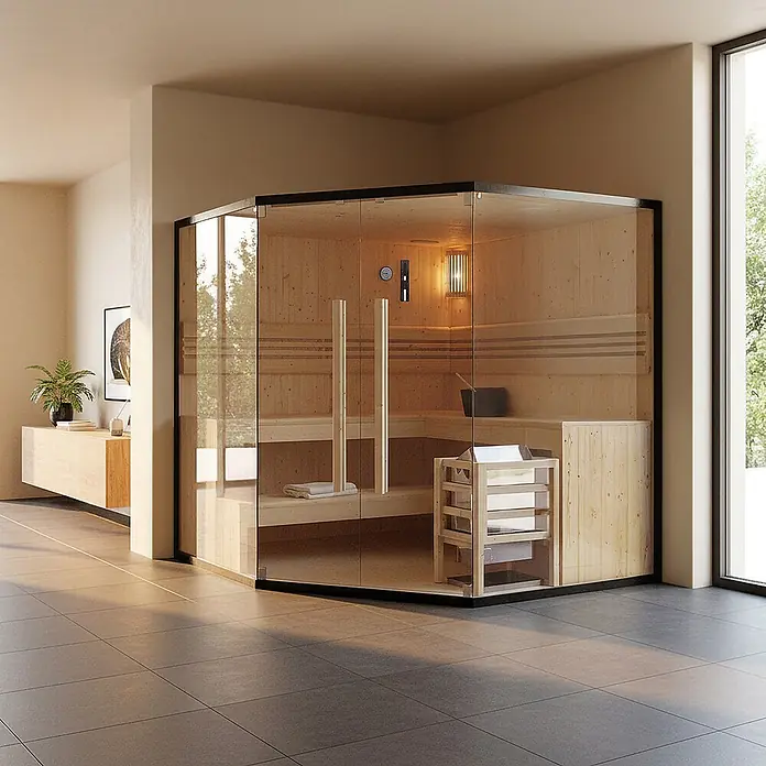 Home Deluxe Elementsauna SHADOW BIG XL - Elektroofen, Steuerung Ofen: Integriert, L x B x H: 200 x 200 x 190 cm - Moderne Glas-Saunakabine mit hellem Holzinterieur, Bänken und Ofen, integriert in einen hellen, modernen Raum.