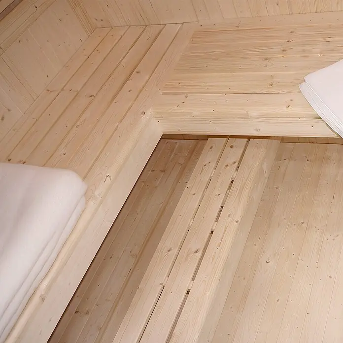 Home Deluxe Elementsauna SHADOW BIG XL - Elektroofen, Steuerung Ofen: Integriert, L x B x H: 200 x 200 x 190 cm - Helle Holzbretter bilden eine mehrstufige Innenfläche mit weißem Isoliermaterial.