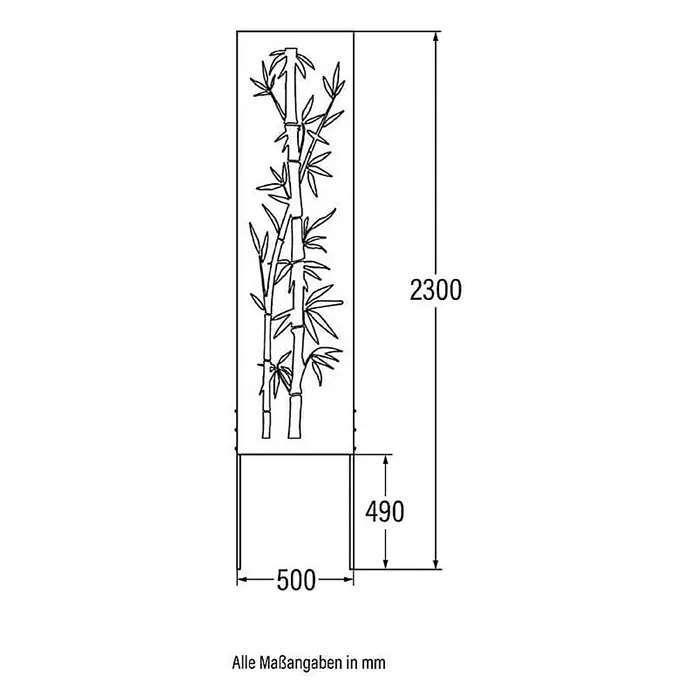 Home Deluxe Sichtschutzelement AURELIA - Stahl, Orange - Maßzeichnung eines dekorativen Paneels mit Bambusmotiv, Höhe 2300 mm, Breite 500 mm.