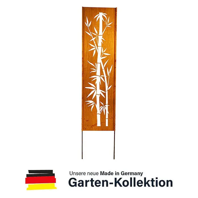 Home Deluxe Sichtschutzelement AURELIA - Stahl, Orange - Hohe, rechteckige Rostmetall-Gartenstele mit Bambus-Ausstanzung und zwei Erdspießen.