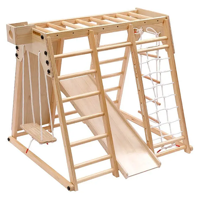 Home Deluxe Klettergerüst LIO - Holz, Natur - Helles Indoor-Klettergerüst aus Holz für Kinder mit Leitern, Rutsche, Schaukel und Kletternetz für aktives Spielen.