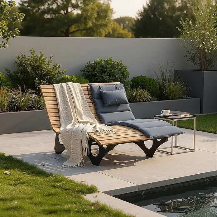 Home Deluxe Gartenliege TAIGA inkl. 1 Auflage - Natur, Holz - Hölzerne Outdoor-Liege mit grauem Kissen und beiger Decke am Pool.