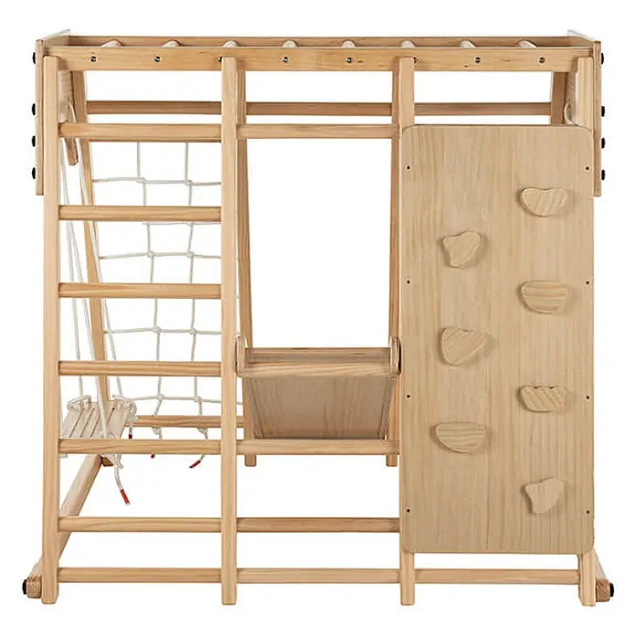 Home Deluxe Klettergerüst LIO - Holz, Natur - Naturholz-Klettergerüst für Kinder mit Leiter, Netz, Schaukel, Kletterwand mit Griffen und Hangelleiter.