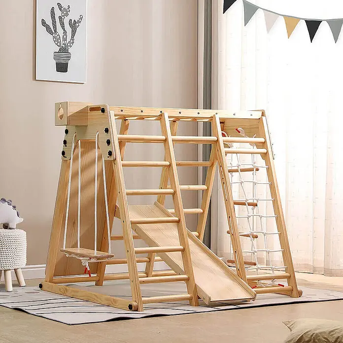Home Deluxe Klettergerüst LIO - Holz, Natur - Klettergerüst aus Naturholz für Kinder mit Schaukel, Rutsche, Leiter und Kletternetz.