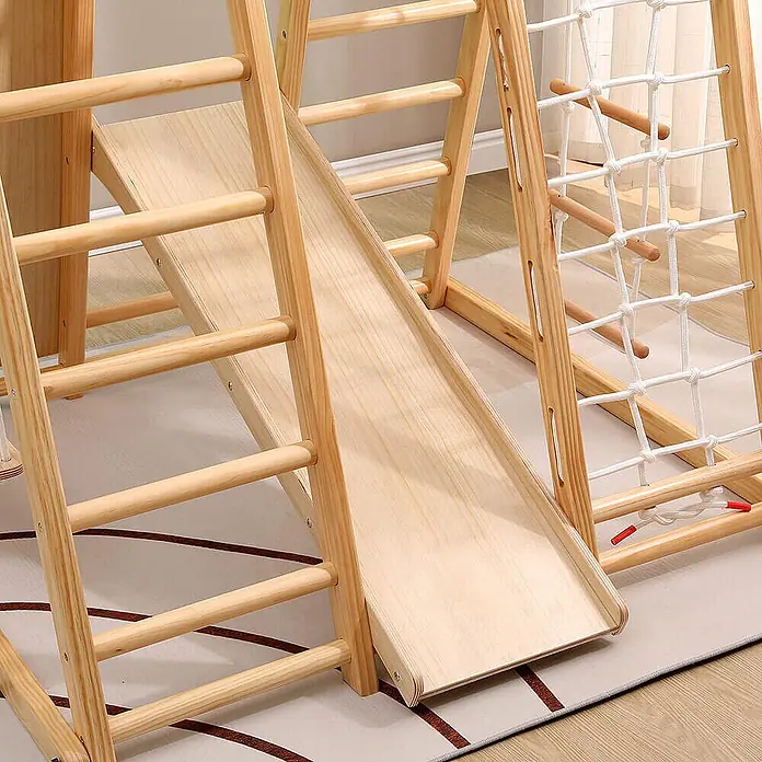 Home Deluxe Klettergerüst LIO - Holz, Natur - Indoor-Spielgerüst aus Naturholz mit Rutsche, Leiter und Seilkletternetz für aktives Kinderspiel.