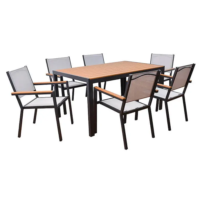 Home Deluxe Gartentisch-Set CANTOS SEDIA -  - Outdoor-Esstisch-Set mit rechteckigem Holztisch und sechs dunklen Metallstühlen mit hellem Netzbezug und Holzarmlehnen.