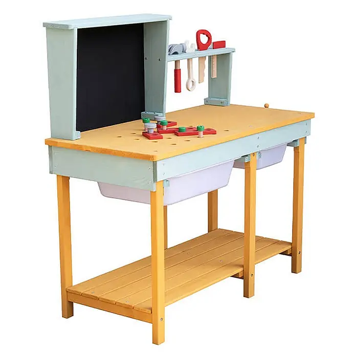 Home Deluxe Kinder-Werkbank TOOL Farbe: Blau - 36,7 x 80 x 85 cm - Hölzerne Kinder-Werkbank in Hellblau und Gelb, mit Tafel, Spielzeugwerkzeug und zwei Aufbewahrungsboxen.