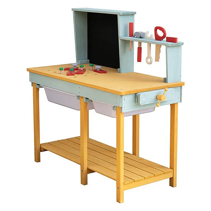 Home Deluxe Kinder-Werkbank TOOL Farbe: Blau - 36,7 x 80 x 85 cm - Hölzerne Spielwerkbank in Hellblaugrün und Gelb, mit Spielzeugwerkzeugen, Tafel, Ablagefächern und funktionsfähigem Schraubstock.
