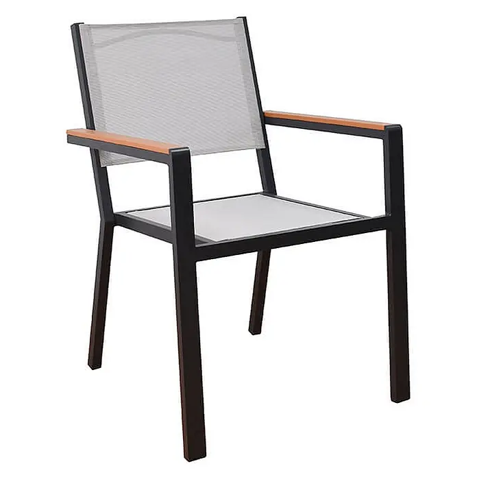 Home Deluxe Gartentisch-Set CANTOS SEDIA -  - Moderner Stuhl mit schwarzem Gestell, hellem Netzgewebe und Holzarmlehnen.