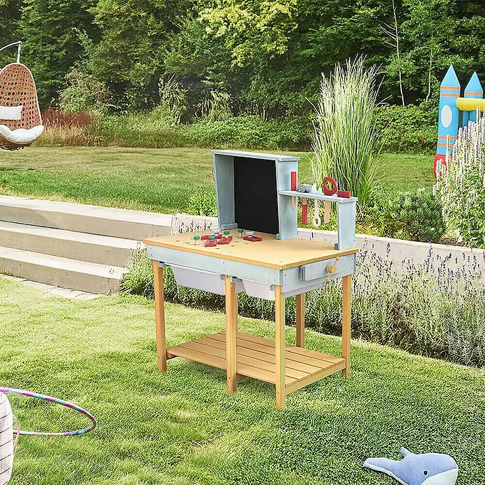 Home Deluxe Kinder-Werkbank TOOL Farbe: Blau - 36,7 x 80 x 85 cm - Hellblauer und hölzerner Outdoor-Spieltisch für Kinder mit Kreidetafel, Werkzeugen und Aufbewahrung.