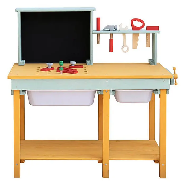 Home Deluxe Kinder-Werkbank TOOL Farbe: Blau - 36,7 x 80 x 85 cm - Bunte hölzerne Spielwerkbank mit Kreidetafel, Werkzeugen und Ablagefächern. Gelb, hellblau und schwarz.