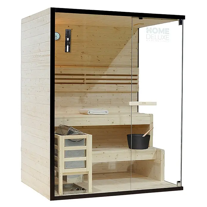 Home Deluxe Elementsauna SHADOW L - Elektroofen, Steuerung Ofen: Integriert, L x B x H: 120 x 150 x 190 cm - Kompakte Holzsaunakabine mit Glasfront, inklusive Heizofen, Bänken und Zubehör.