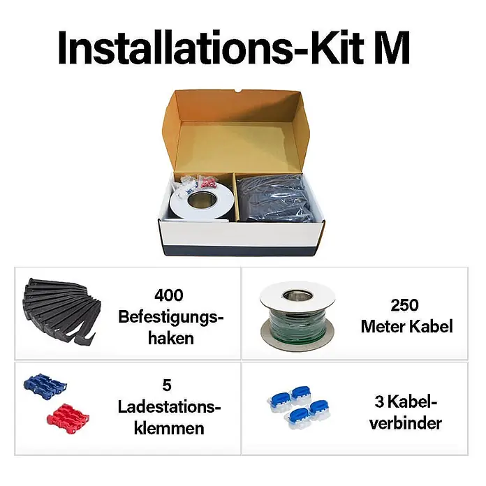 Home Deluxe Mähroboter-Set LADO M Größe: M - 1.500 m² - Installations-Kit M mit 400 schwarzen Befestigungshaken, 250m grünem Kabel, 5 Ladestationsklemmen (rot/blau) und 3 blauen Kabelverbindern.