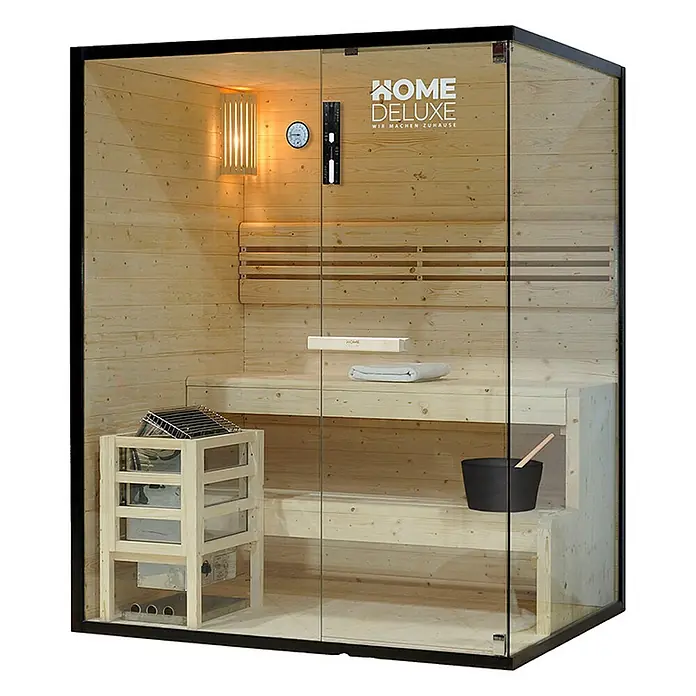 Home Deluxe Elementsauna SHADOW L - Elektroofen, Steuerung Ofen: Integriert, L x B x H: 120 x 150 x 190 cm - Moderne Holzsaunakabine mit Glasfront, schwarzem Rahmen, sichtbarem Ofen, Bänken und Zubehör.