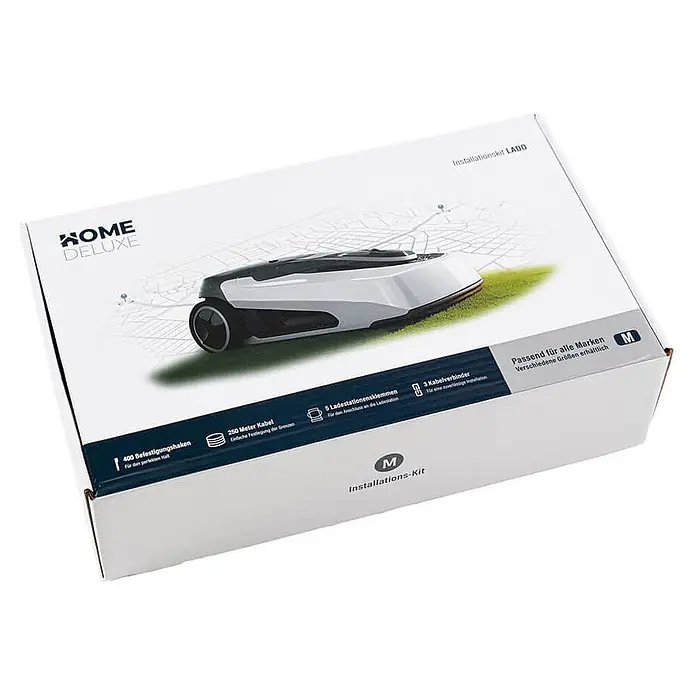 Home Deluxe Mähroboter-Set LADO M Größe: M - 1.500 m² - Weiße und blaue Box für ein Mähroboter Installationskit, mit Abbildung eines Mähers und Inhaltsangaben.
