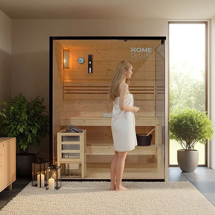 Home Deluxe Elementsauna SHADOW L - Elektroofen, Steuerung Ofen: Integriert, L x B x H: 120 x 150 x 190 cm - Hölzerne Home Deluxe Sauna mit Glastür, bereit zur Entspannung in heller Wohnumgebung.