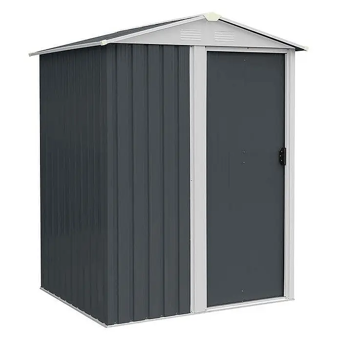 Home Deluxe Gerätehaus BOHIO S (B x L x H) 151 x 110 x 189 cm - Außenbreite inkl. Dachüberstand: 151 cm, Außentiefe inkl. Dachüberstand: 110 cm, Stahl, Anthrazit - Dunkelgrauer Metall-Gartenschuppen mit weißem Rand und einer einzelnen Schiebetür.