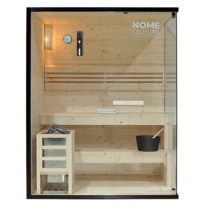 Home Deluxe Elementsauna SHADOW L - Elektroofen, Steuerung Ofen: Integriert, L x B x H: 120 x 150 x 190 cm - Sauna aus hellem Holz mit Glastür, Bänken, Ofen und Zubehör.